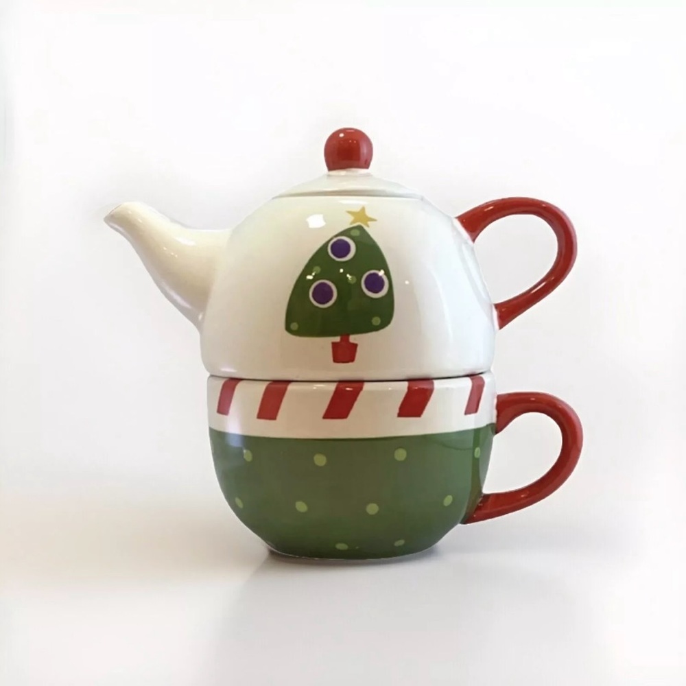 Vintage Pier 1 Christmas Tree Tea For One Stackable Teapot Set Ironstone 1990s